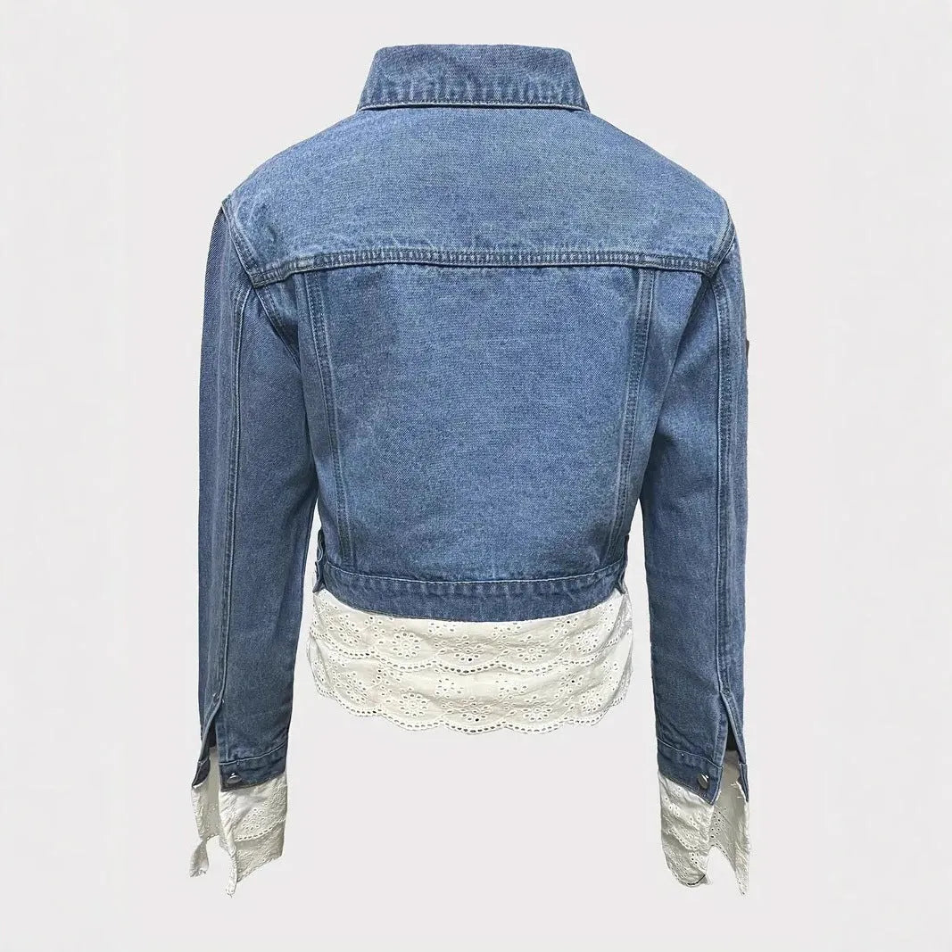 Blue denim jacket with lace stitching detail, long sleeves, women's style