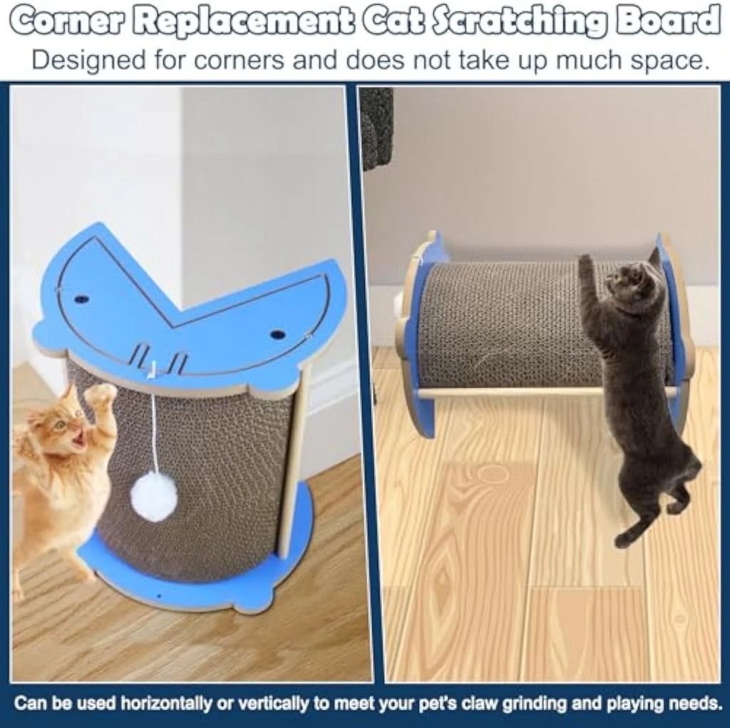 Grey cardboard cat corner scratching post with hanging yellow ball in a room corner.