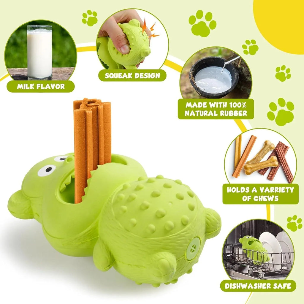 Green and yellow natural rubber dog chew toy for aggressive chewers