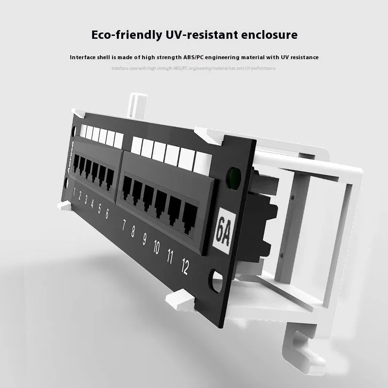 Black 12-port unshielded network distribution frame made of cold rolled steel, shown with screws and routing knife.