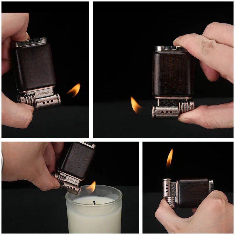Ebony gas lighter with black wood finish and rosewood decorative detailing