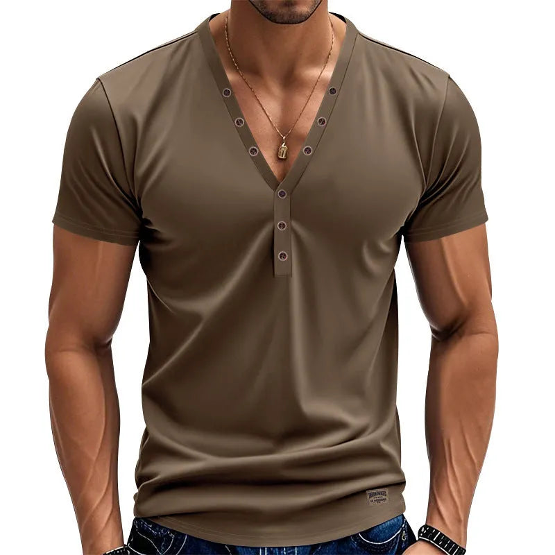 Men's loose fit thin V-neck pullover top in a solid colour with button detail.