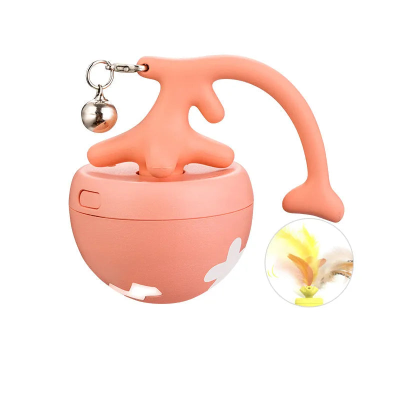 USB electric cat teasing ball with fish bone design and detachable teasing stick in blue, pink and yellow colours