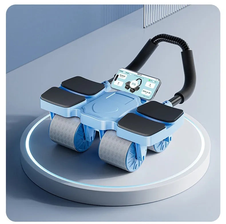 Black automatic rebound abdominal wheel with four wheels and smartphone showing fitness app
