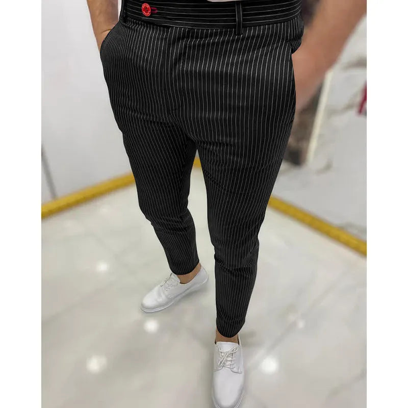 Thin striped slim casual polyester trousers for men in blue, showing mid rise waist and button fly