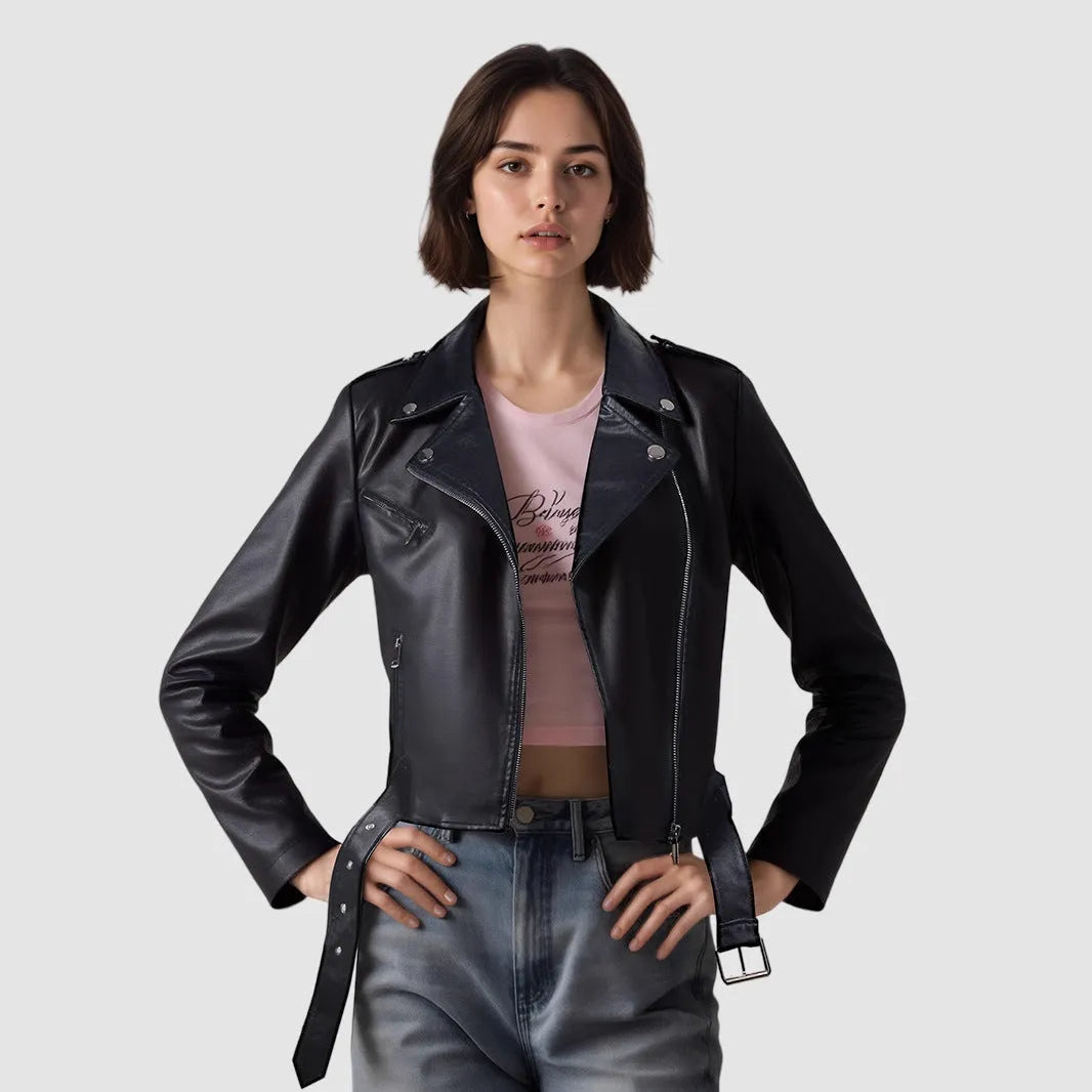 Women's black PU leather motorcycle jacket with lapel collar and short waist belt.