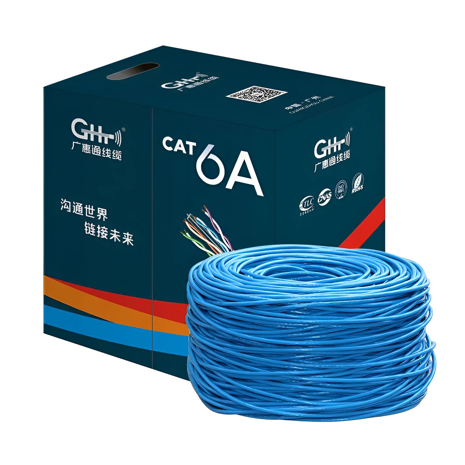 Blue and grey Cat6 UTP network cable with oxygen-free copper conductors in 305-metre bulk packaging