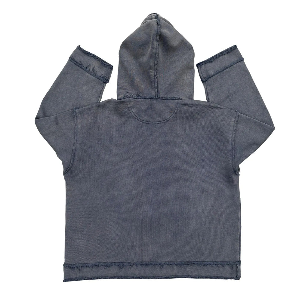 A dark blue hoodie sweater laid flat, showing its full hood and front design.