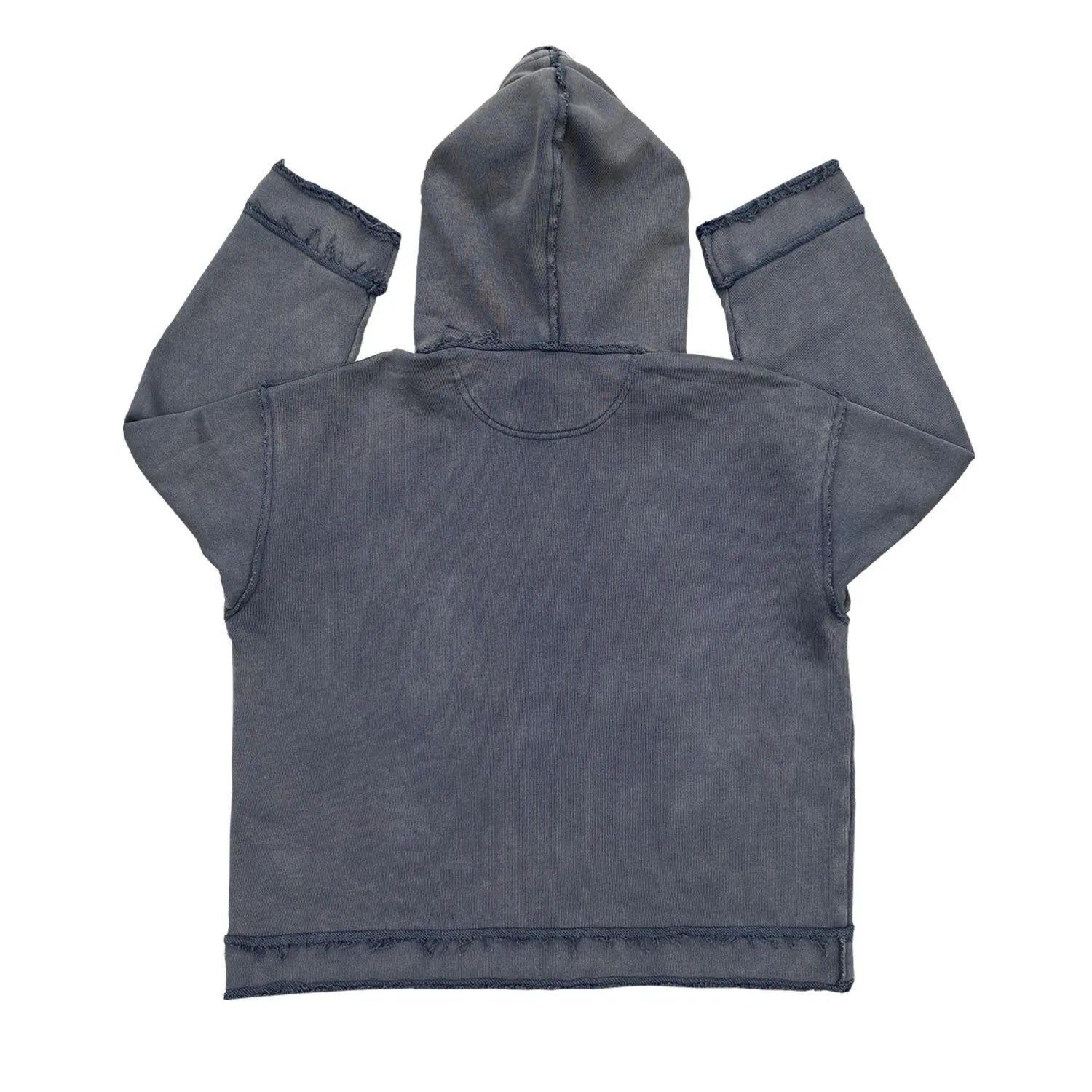 A dark blue hoodie sweater laid flat, showing its full hood and front design.