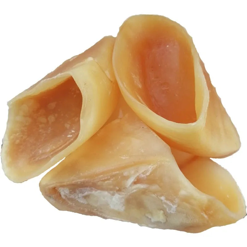Natural cowhide dog chew bone in hoof shell colour for small and large breed dogs.