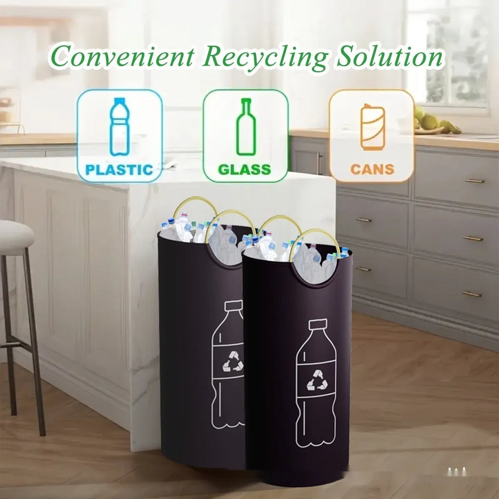 Round portable PP plastic trash can, 38x72cm, shown with included garbage bag.