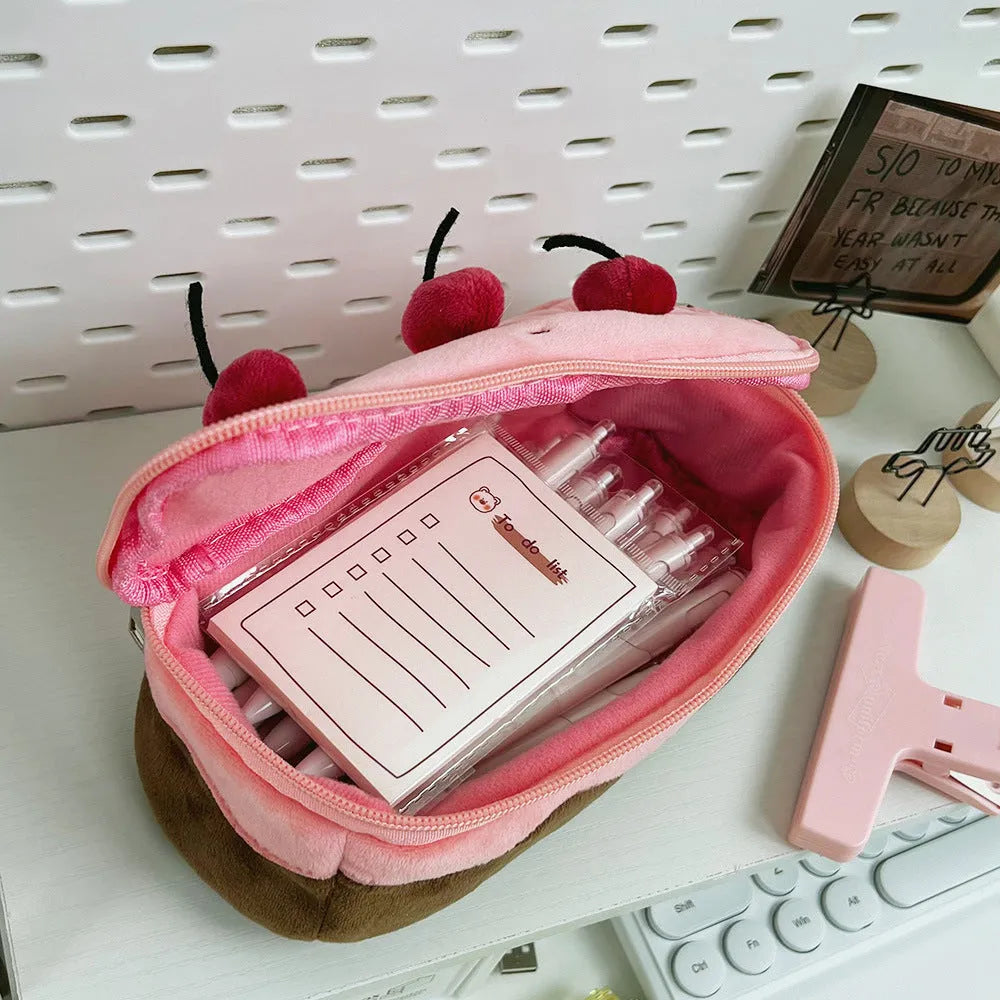 Cherry Cake design velvet plush pencil case with zip closure