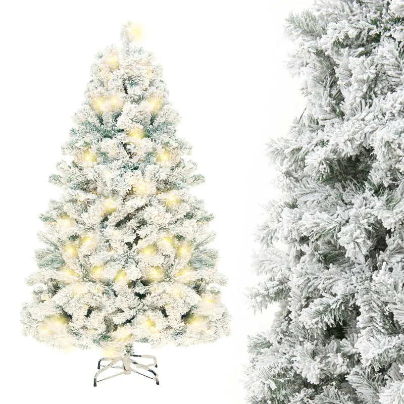 Artificial snow Christmas tree with green and white PVC branches on a metal stand
