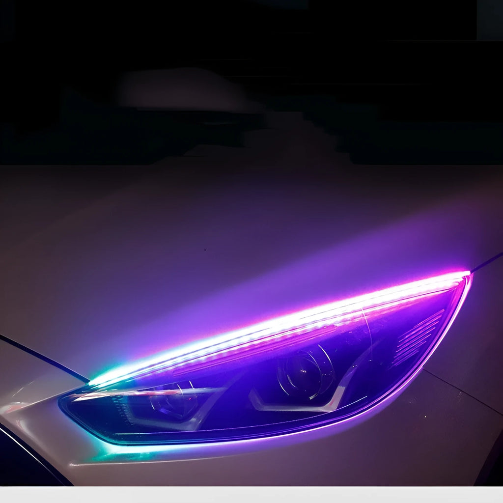 Universal RGB LED daytime running light strip with remote control available in 30cm 45cm and 60cm sizes for 12V vehicles