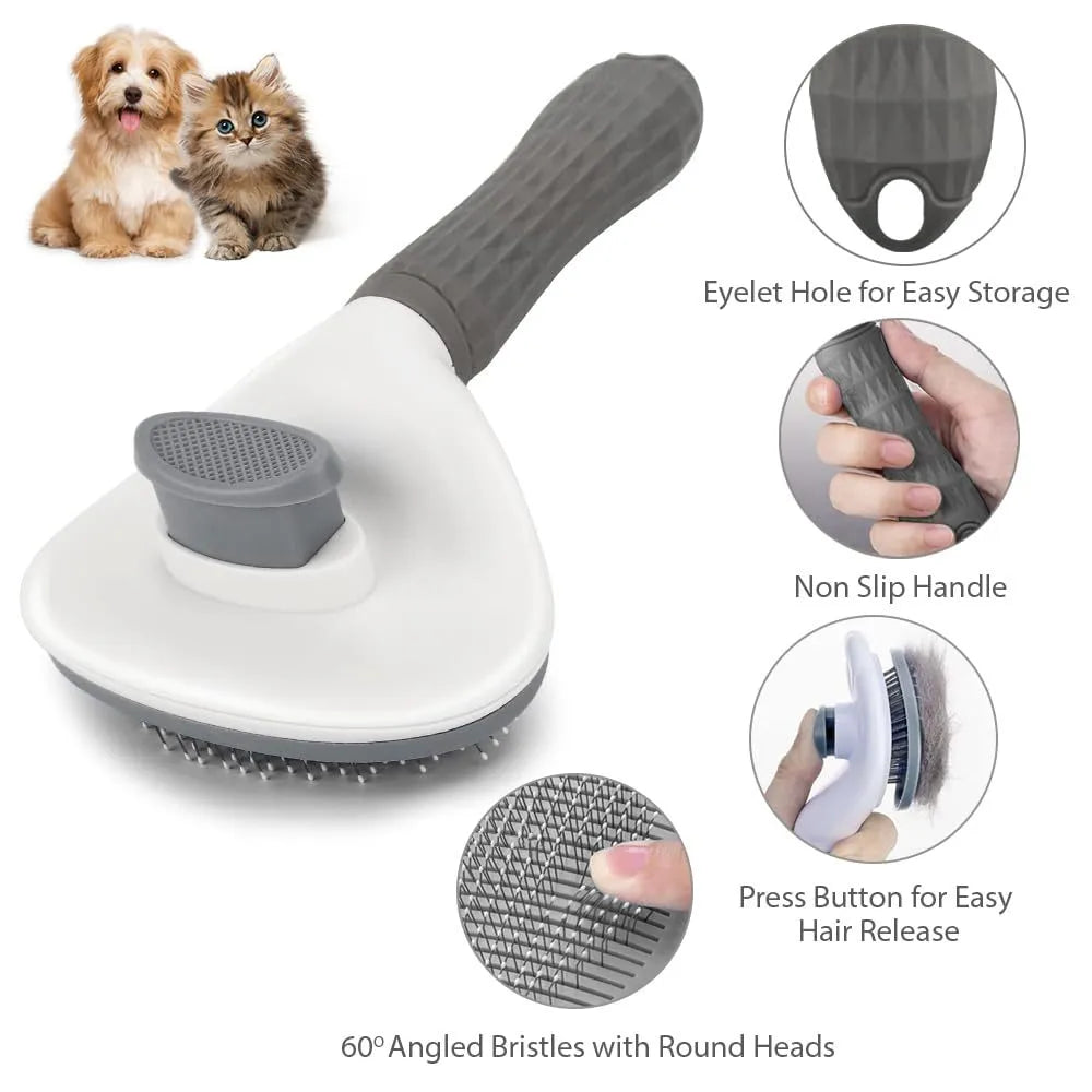 Cat grooming brush with release button in blue, grey, or pink colours for removing loose hair