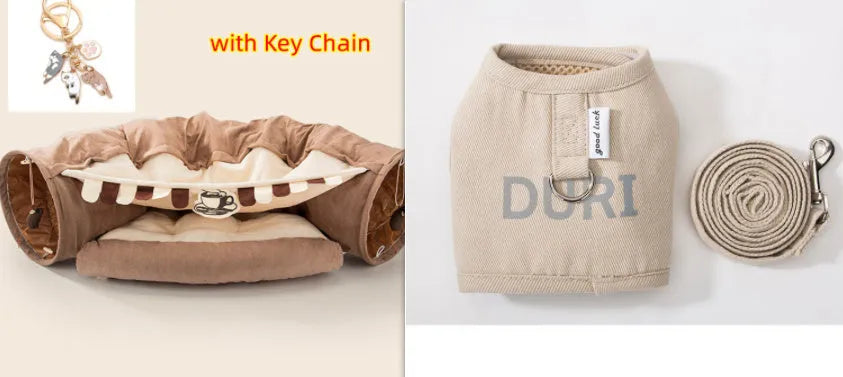 Collapsible cloth cat tunnel in a choice of four colours, shown with dimensions 45cm long by 50cm wide.