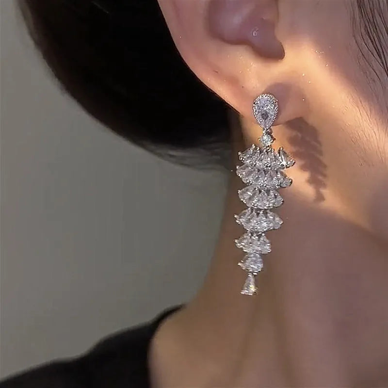 Women's Christmas tree drop earrings with sparkling zircon stones in silver pagoda colour