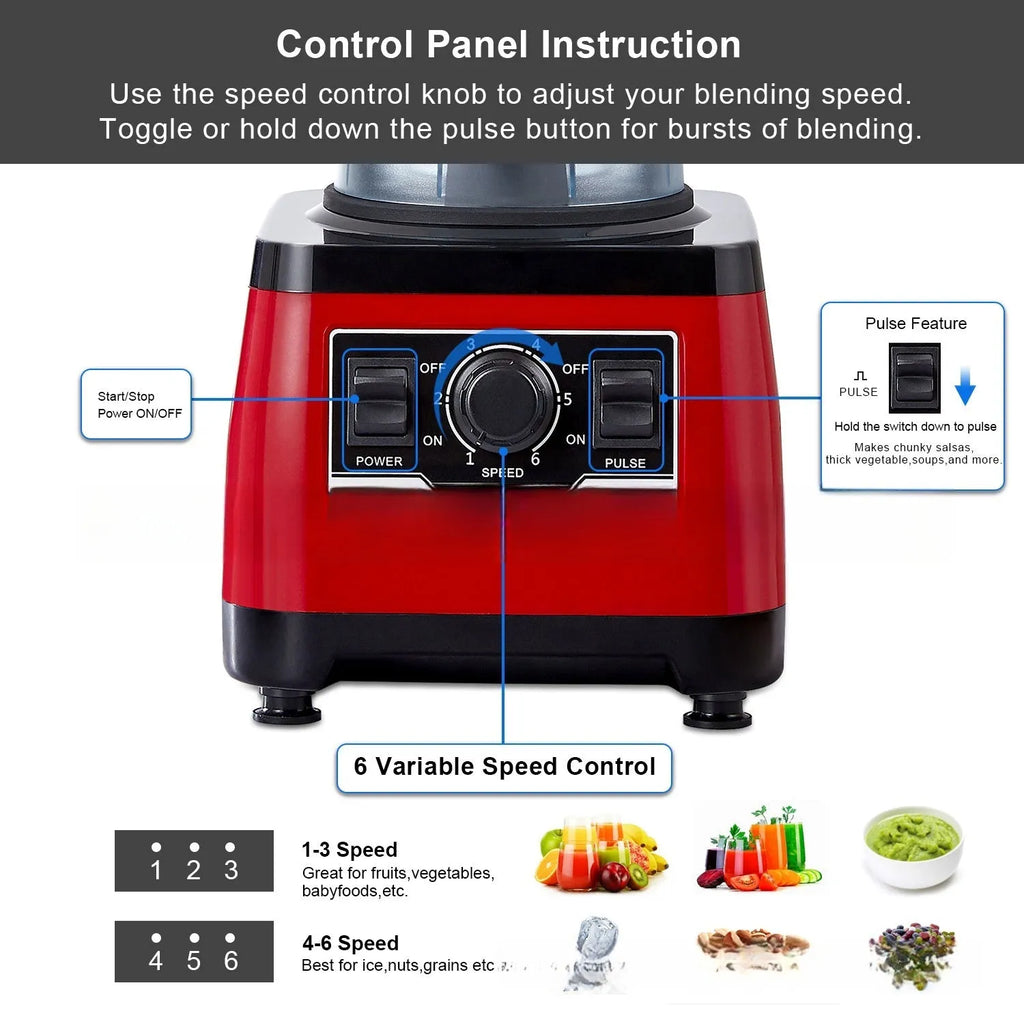Red industrial-style commercial blender with 2200W power and 2-litre capacity jug.