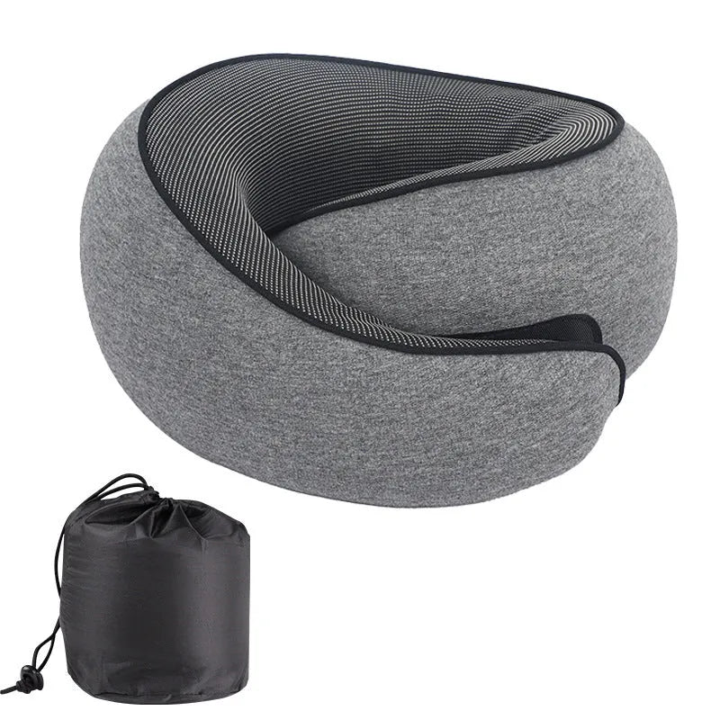 U-shaped memory foam travel neck pillow in dark grey with storage bag