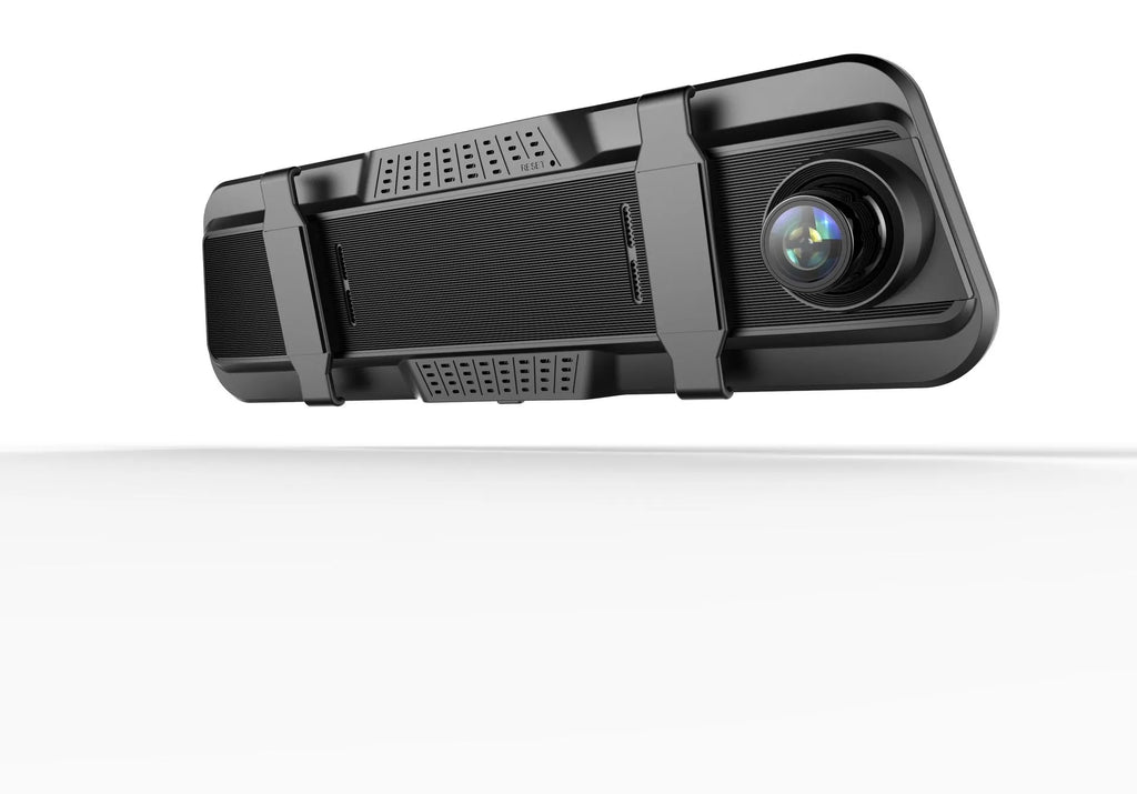 Black dual-lens driving recorder with 9.66 inch touch screen mounted on rearview mirror showing 4K interface