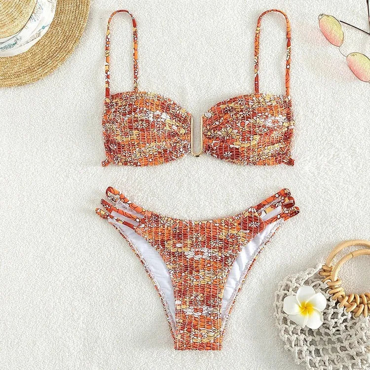 Women's floral bikini swimsuit with high-waist briefs in multiple solid colour options