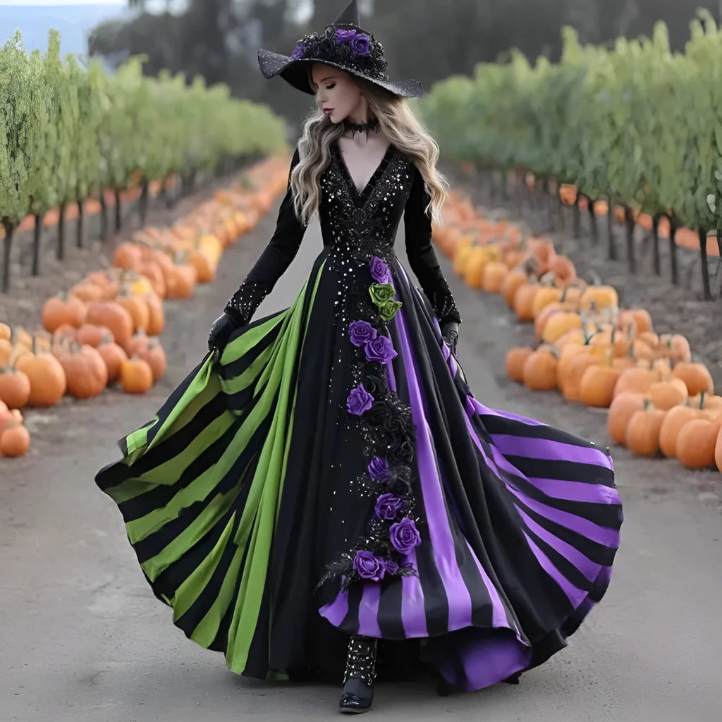 V-neck Long Sleeve Dress Large Swing Dress with High Waist Asymmetric Skirt in Green Purple Patchwork Halloween Dress in Polyester Sizes S to 5XL for Casual Street Fashion Women's Clothing