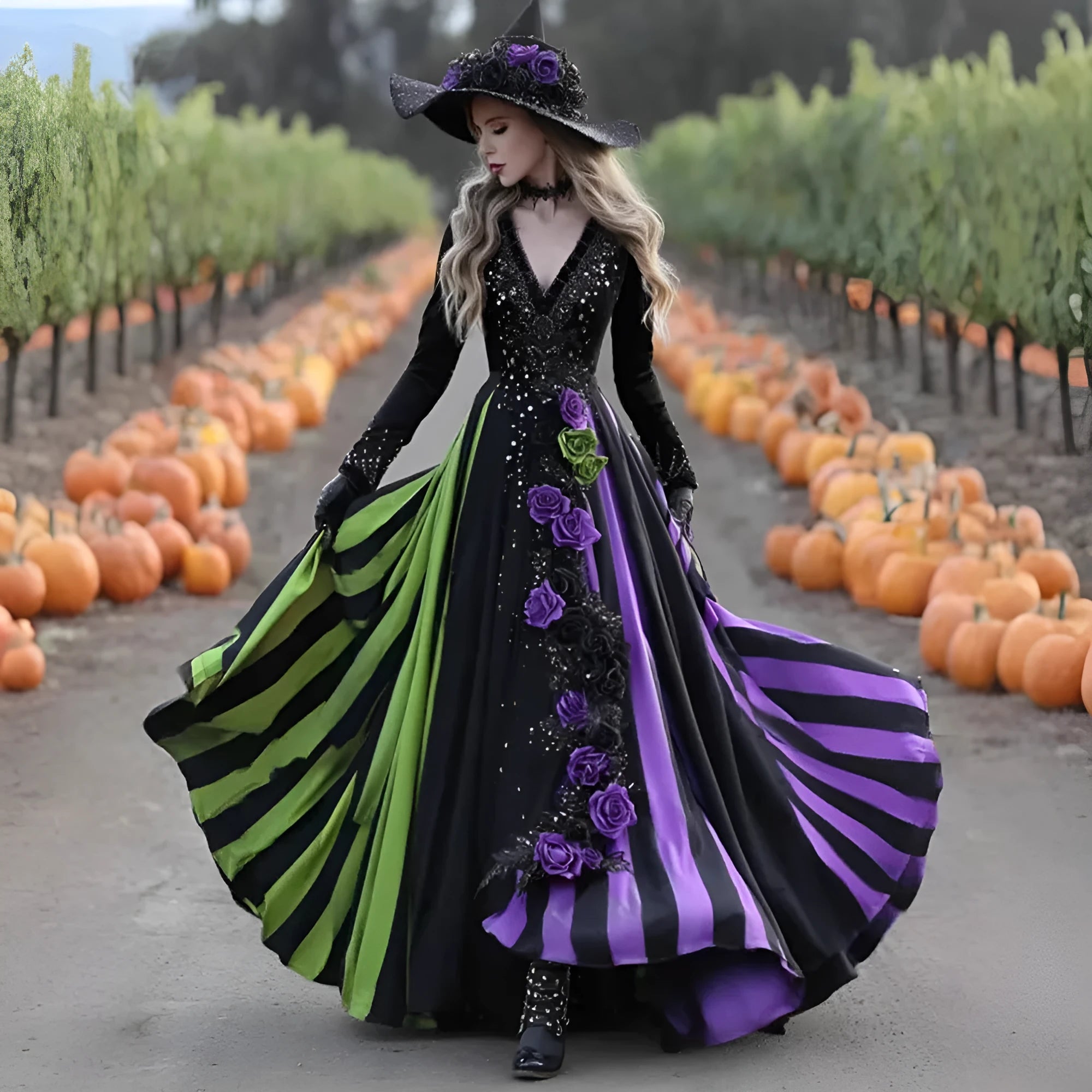 V-neck Long Sleeve Dress Large Swing Dress with High Waist Asymmetric Skirt in Green Purple Patchwork Halloween Dress in Polyester Sizes S to 5XL for Casual Street Fashion Women's Clothing