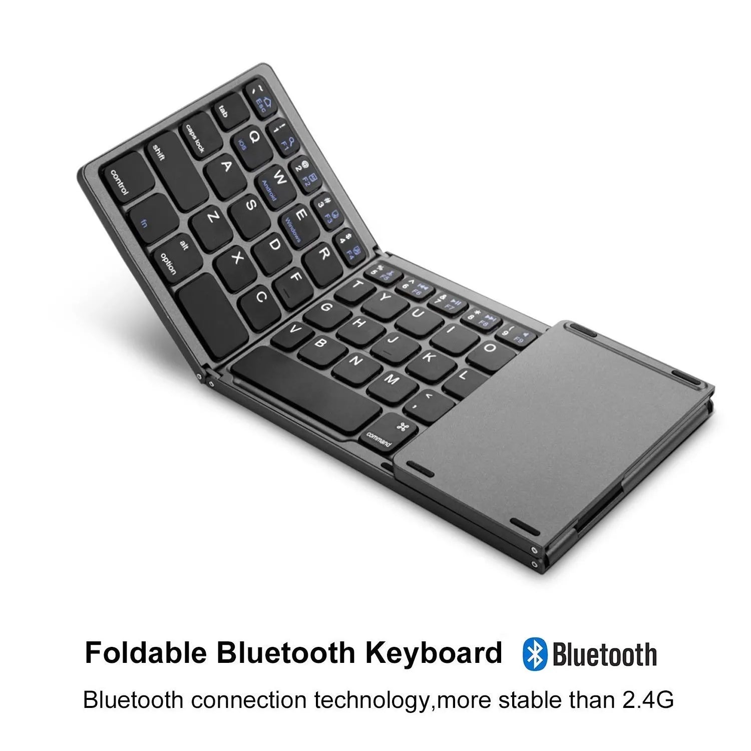 Mini tri-fold Bluetooth keyboard showing folded compact size with silver ABS plastic finish