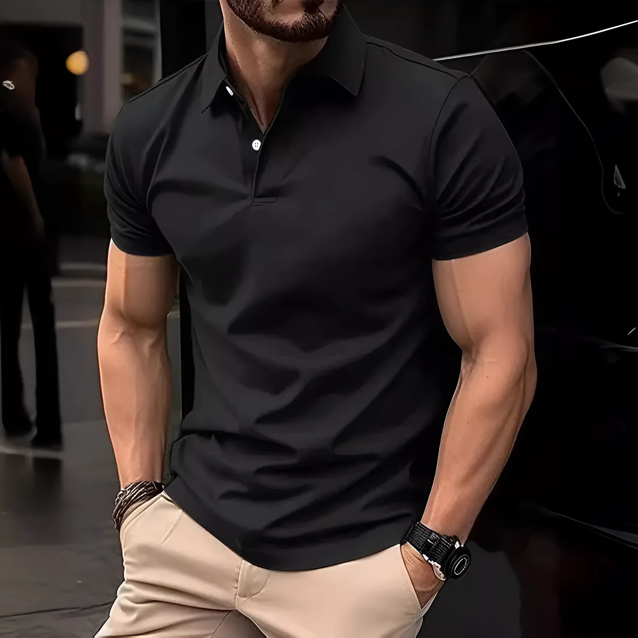 Men's solid colour slim fit short sleeve shirt with button front on a neutral background.