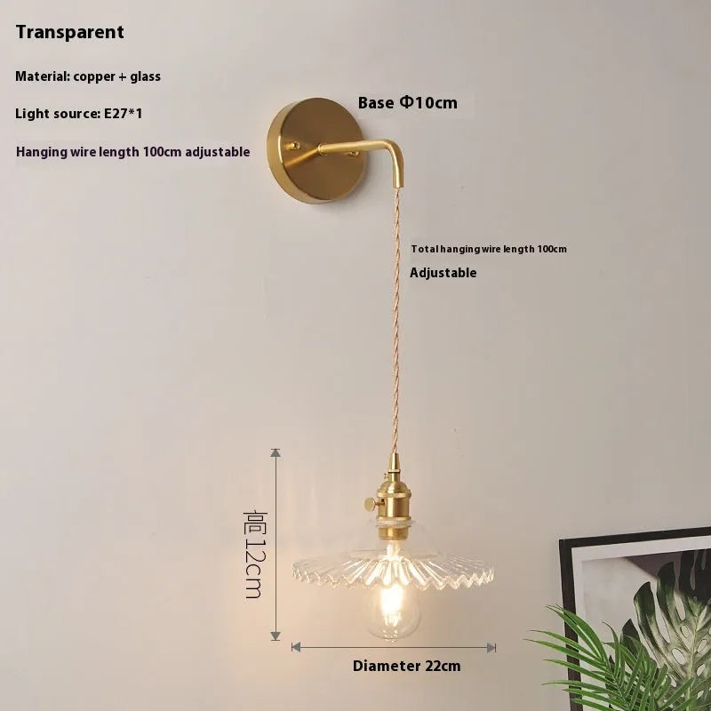 Copper retro brass lotus wall lamp with glass shade in one of six colours, 22cm diameter.