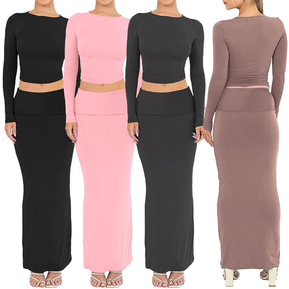 Women's autumn two-piece suit set with exposed navel design and three-quarter sleeves in polyester fabric
