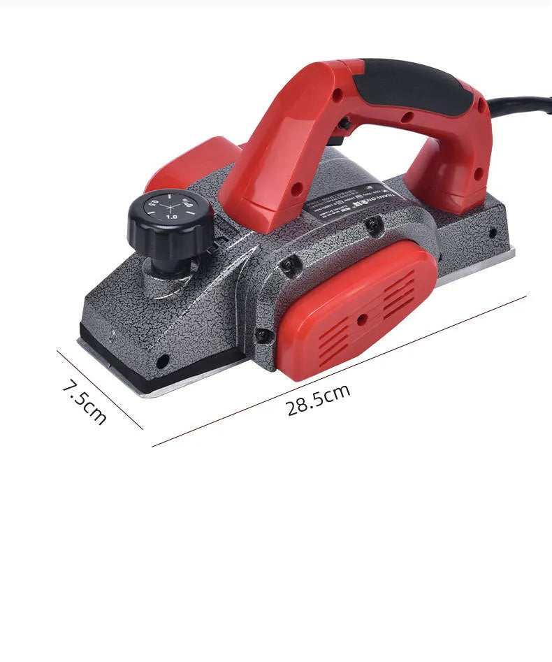 Red desktop electric wood planer with aluminium shell and 82mm planing width