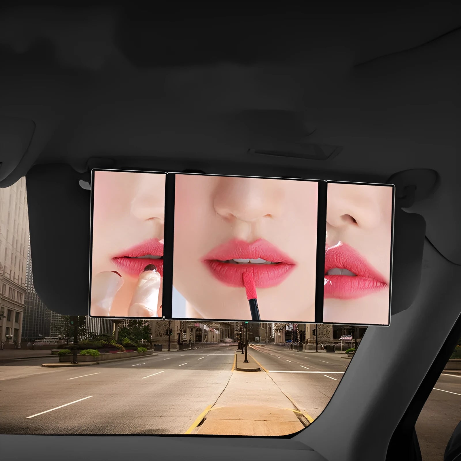 Silver car folding makeup mirror shown open and closed, model SD-2408