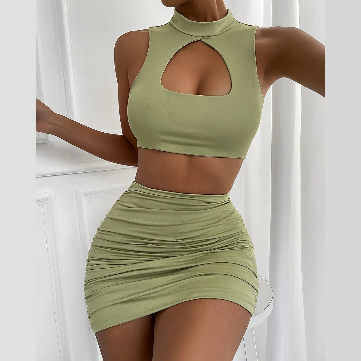 Women's light purple hollow vest and split skirt two-piece summer outfit set