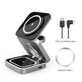 Three-in-one desktop wireless charging bracket showing foldable design with charging areas for multiple devices