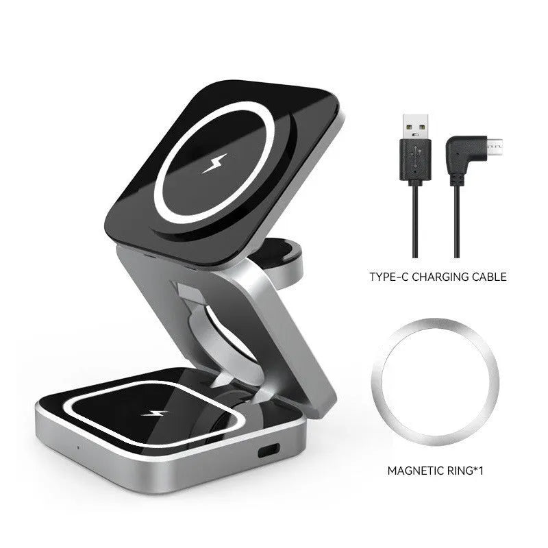 Three-in-one desktop wireless charging bracket showing foldable design with charging areas for multiple devices