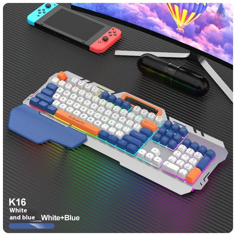 Blue wired gaming keyboard and photoelectric mouse set on a desk with backlit keys visible.