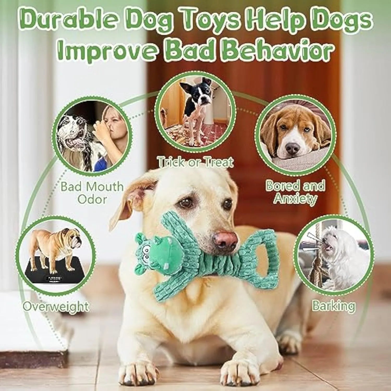 Large blue plush squeaky dog toy with handle for tug of war games