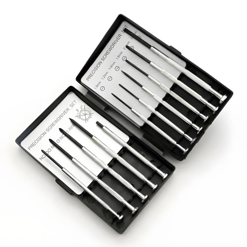 TH-6177 11 piece clock screwdriver set with cross and slotted heads on a workbench
