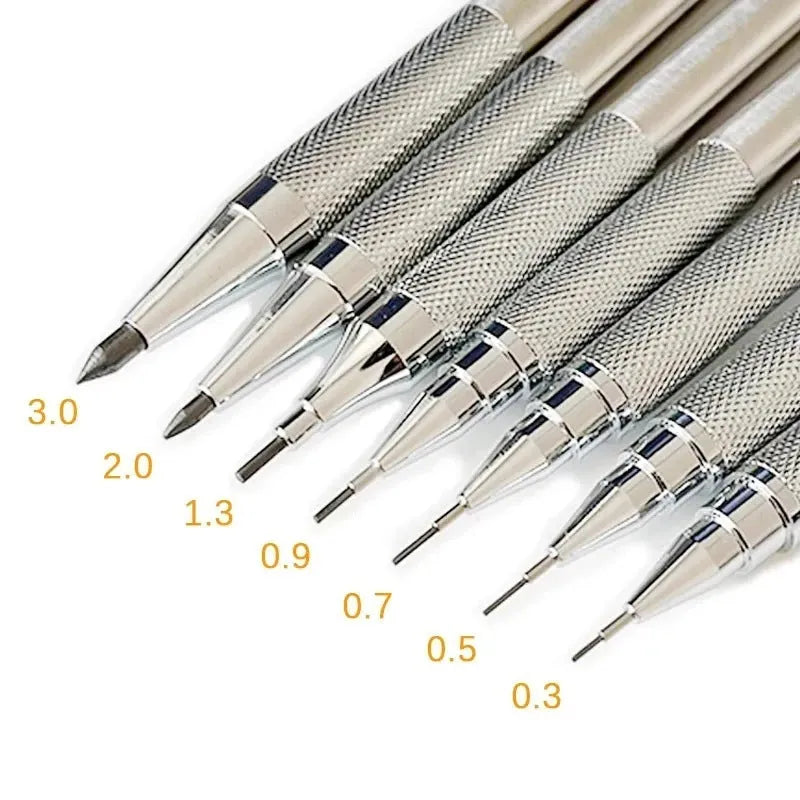 Metal automatic mechanical pencil with multiple lead size options including 0.5mm, 0.7mm, 0.9mm, 1.3mm, and 2.0mm