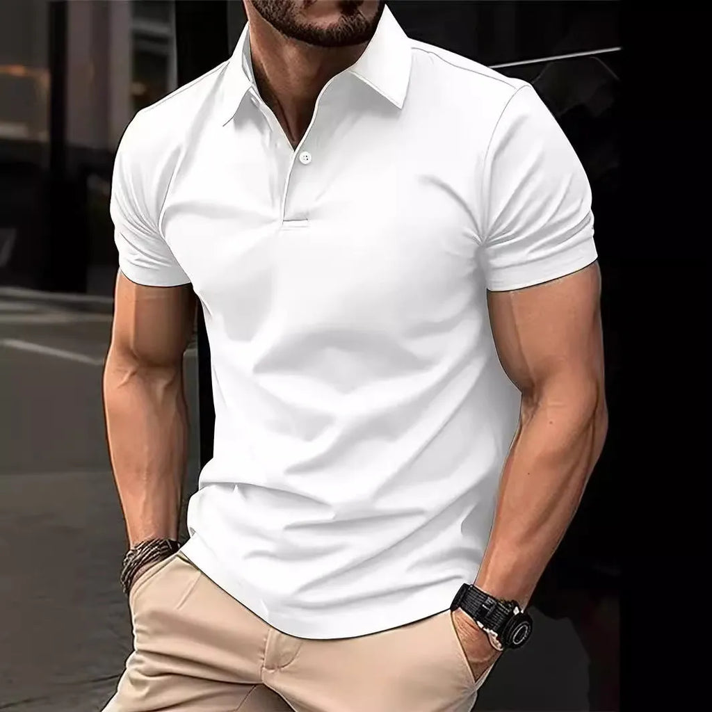 Men's solid colour slim fit short sleeve shirt with button front on a neutral background.