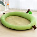 Green and yellow pet cooling mat with nest design backrest showing four size options for dogs and cats