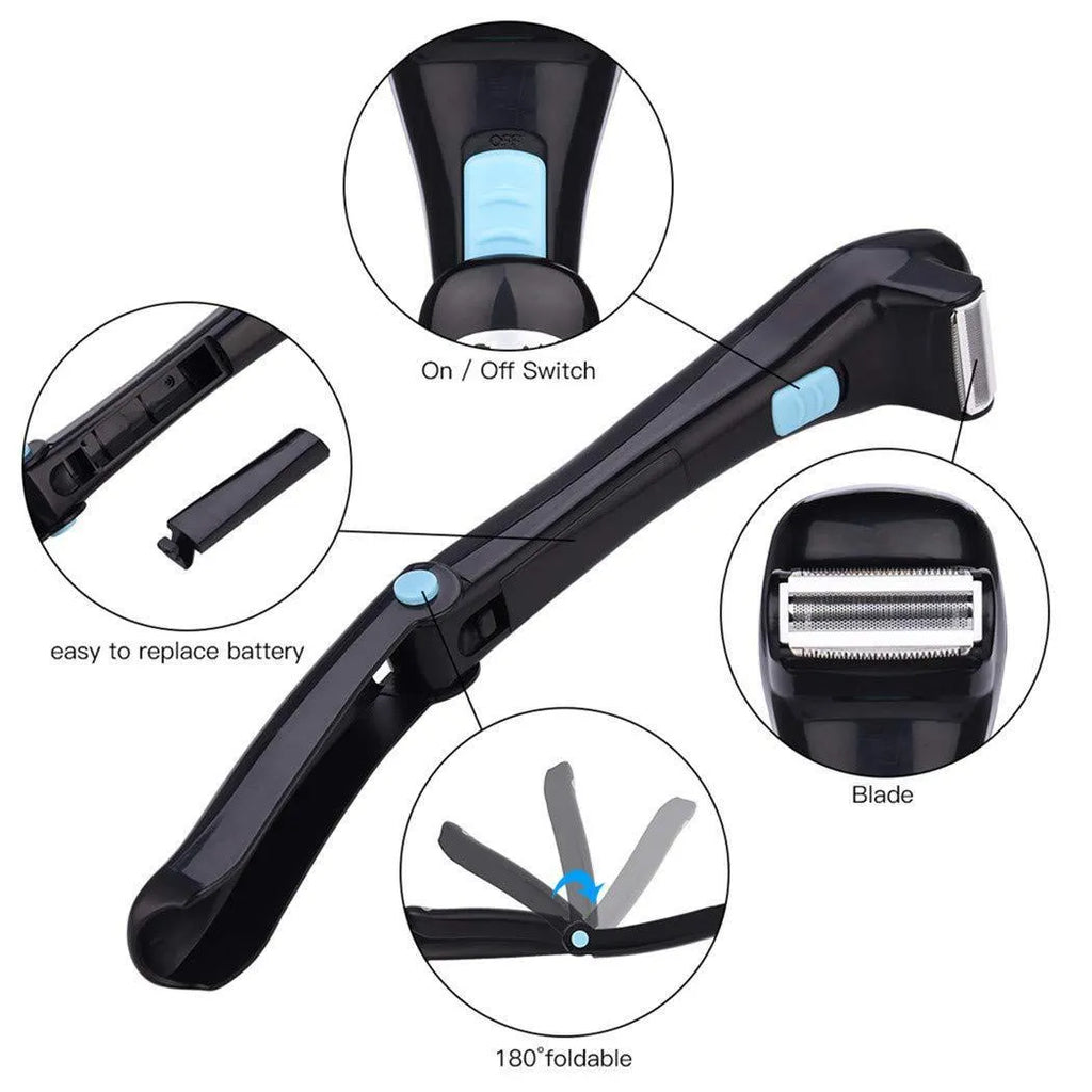 Black folding dry battery electric body shaver on a white background.