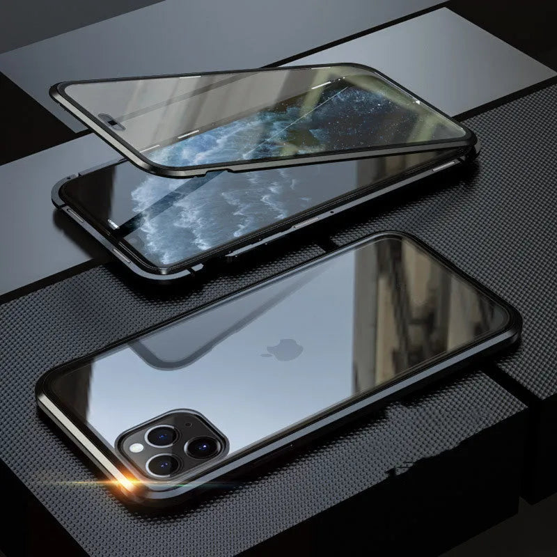 Geometric patterned glass clamshell privacy case for iPhone on a table.