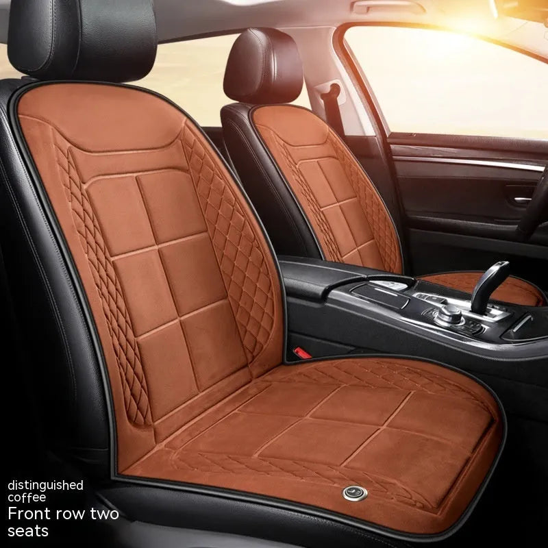 Automotive heating cushion on car seat in beige colour with cotton filler for winter comfort