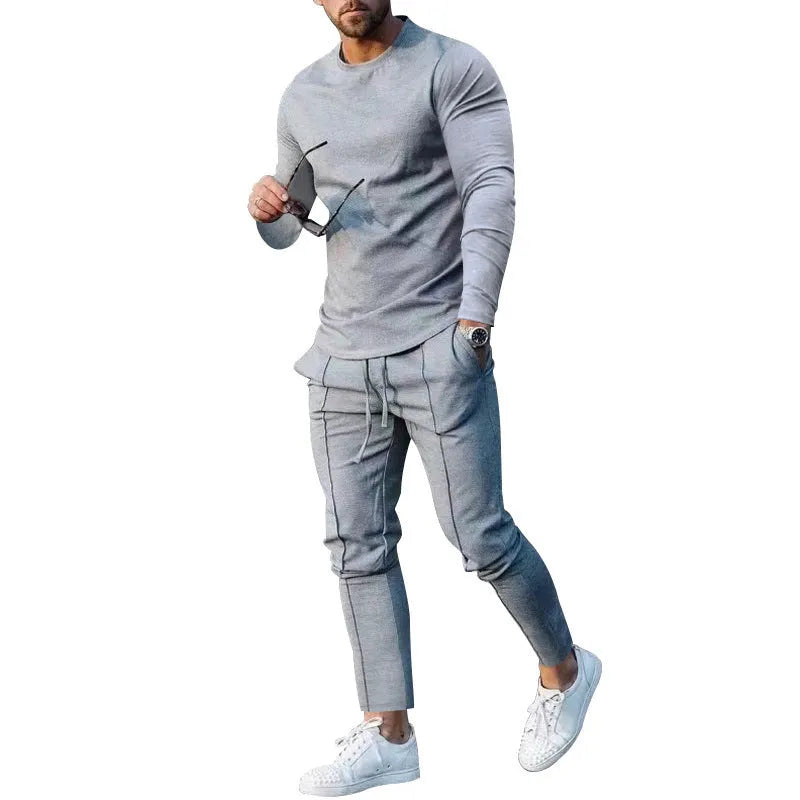 Men's light grey polyester two-piece suit with round-neck long sleeve T-shirt and trousers