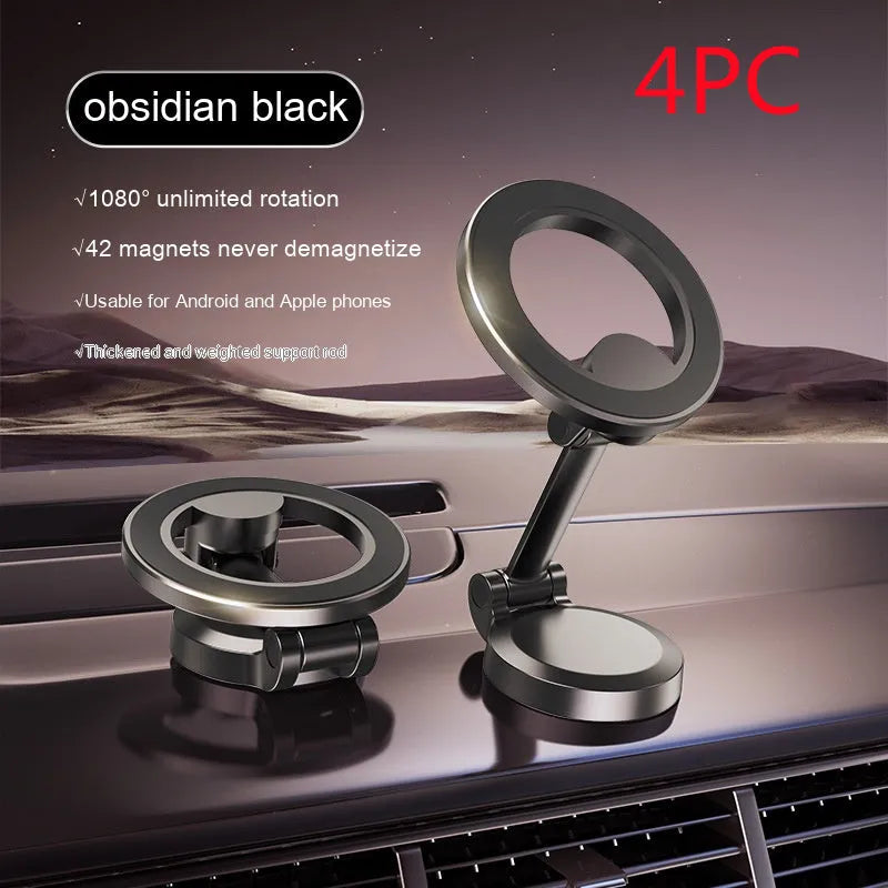 All-metal foldable magnetic car phone mount in Qian colour on vehicle dashboard