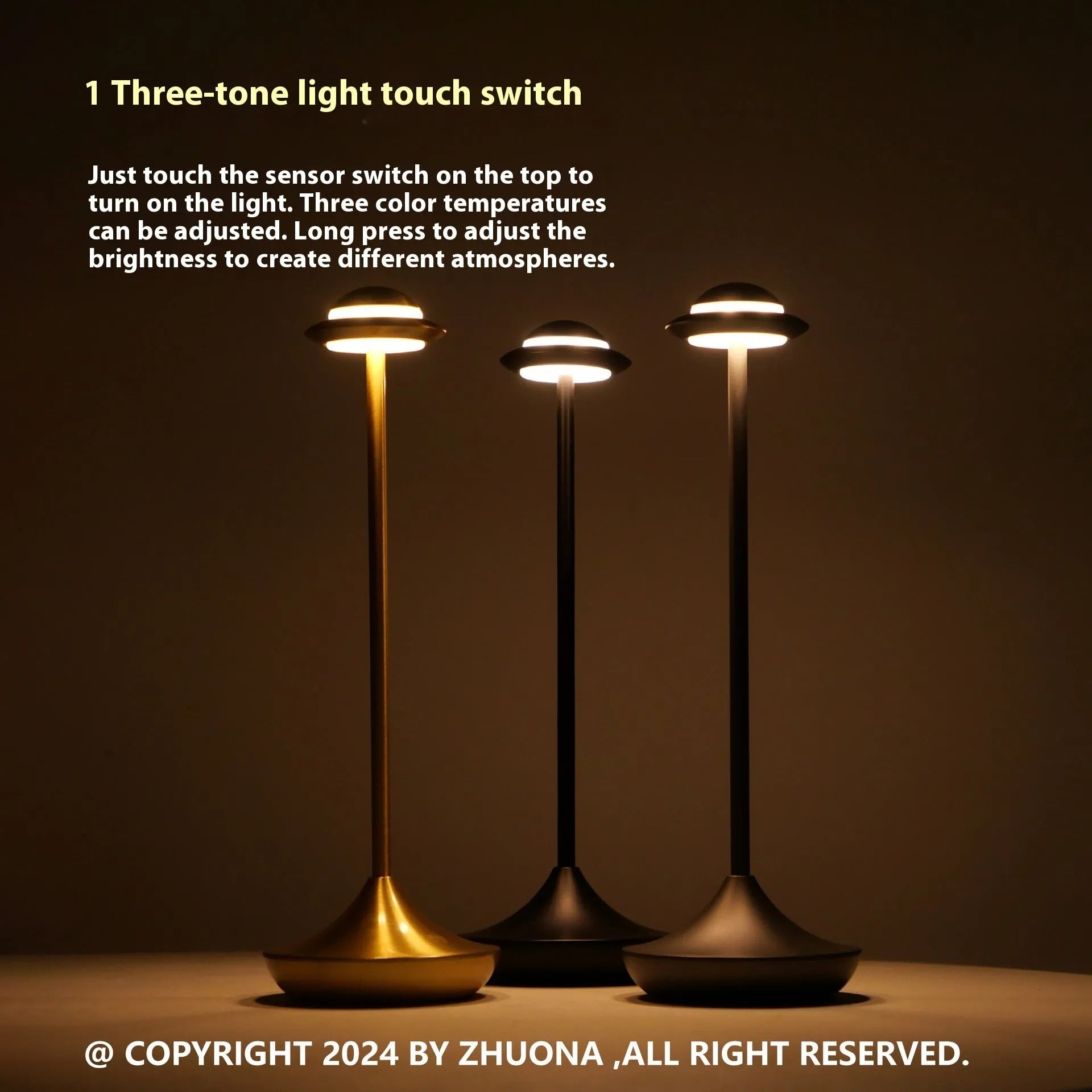 Rechargeable UFO table lamp in gold, grey or black with touch dimming controls