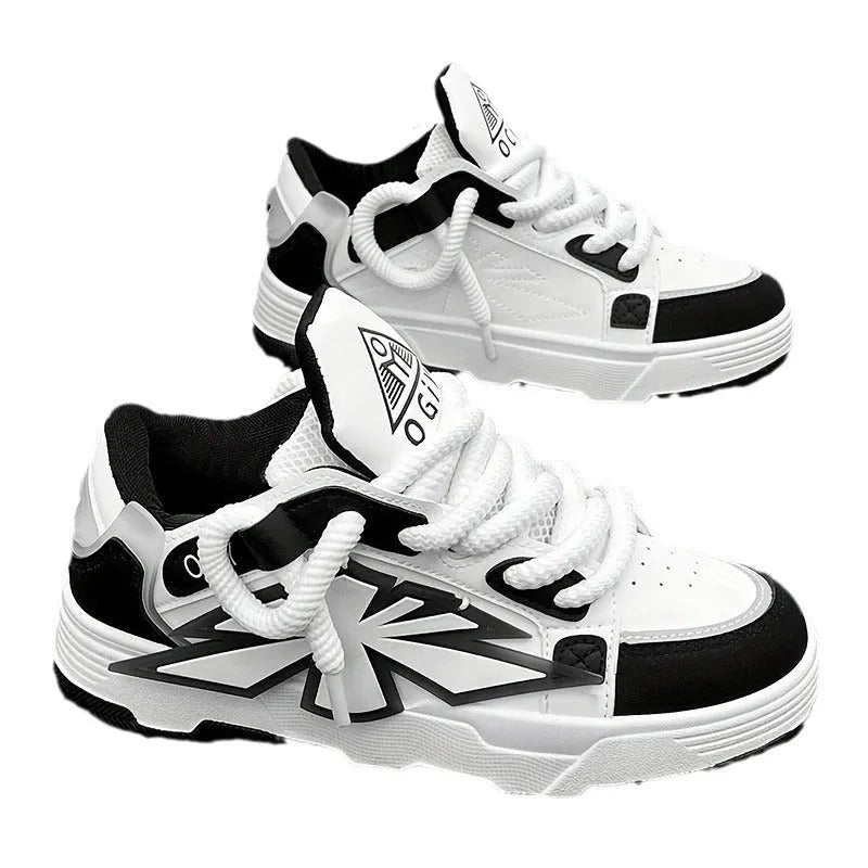Men's white chunky sole casual sneakers with synthetic leather upper and round toe on a plain background.