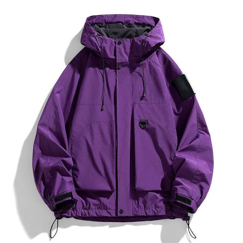 Men's waterproof windproof hooded jacket in polyester blend fabric available in black purple ginger yellow colours